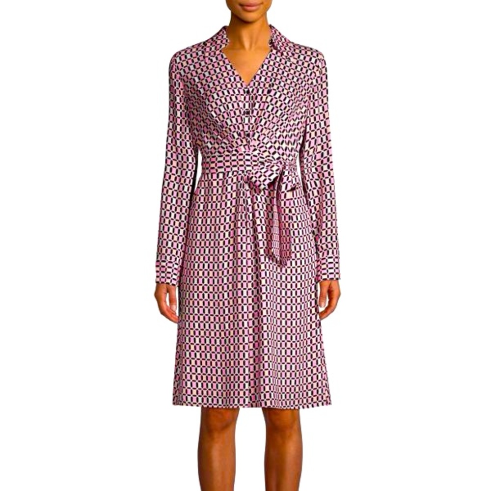 Elie Tahari Saxon Geometric-Print Tie-Waist Shirtdress in‎ Canyon Rose